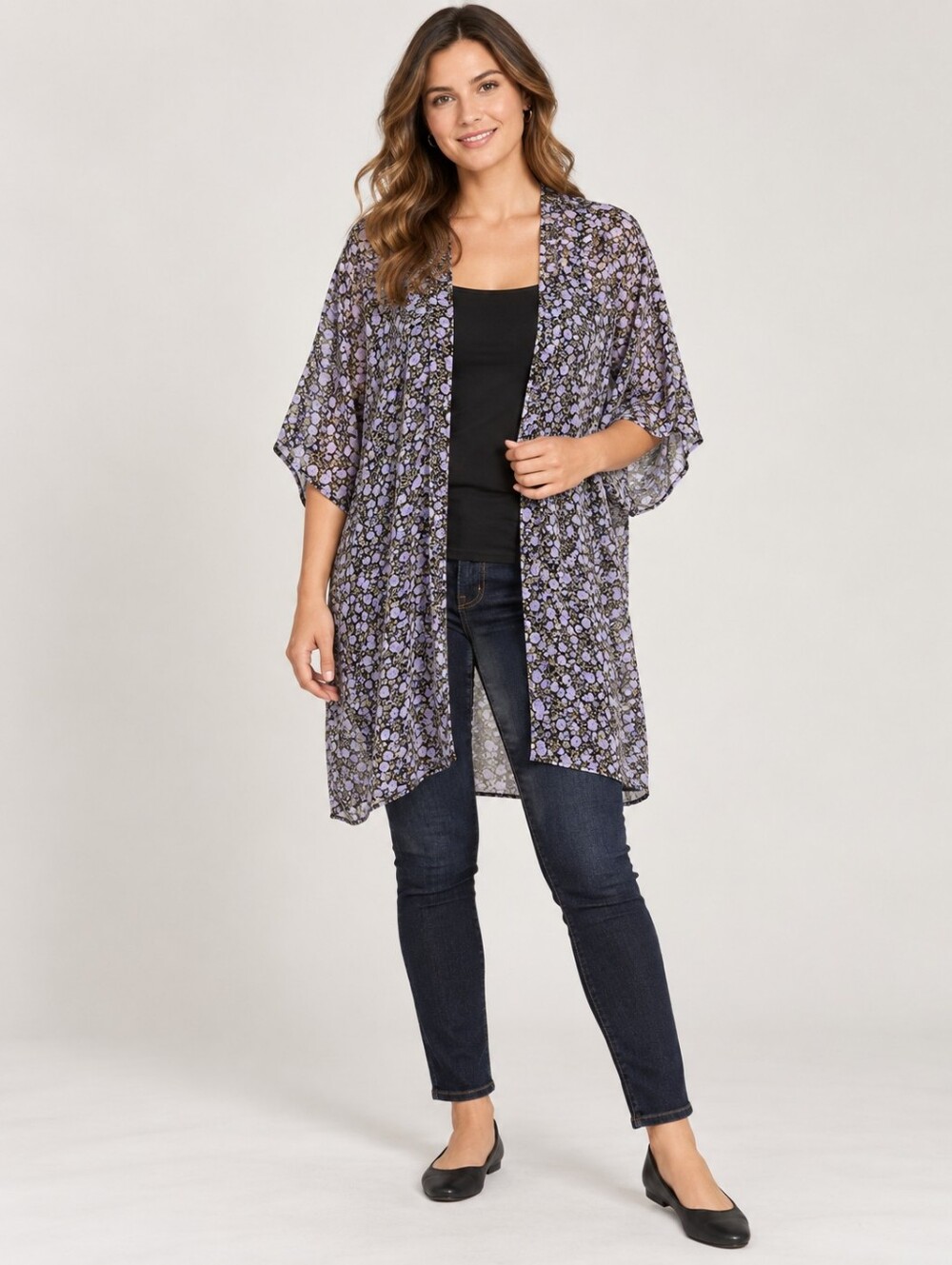LC Lauren Conrad Floral Kimono Cardigan One Size Black Purple Sheer Boho Cover